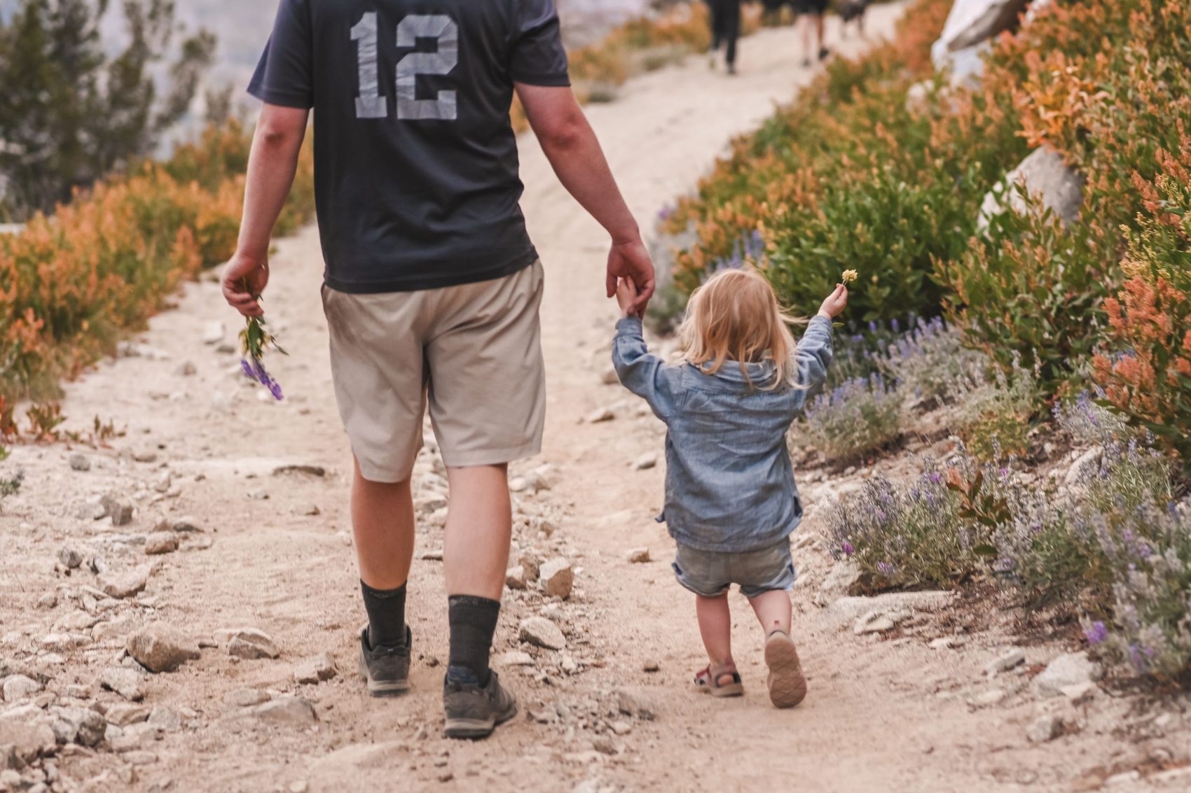 A father and toddler walking a trail together